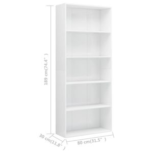 vidaXL Bücherregal 5 Fächer Hochglanz-Weiß 80x30x189 cm Holzwerkstoff - 5