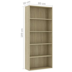 vidaXL Bücherregal 5 Fächer Sonoma-Eiche 80x30x189 cm Holzwerkstoff - 5